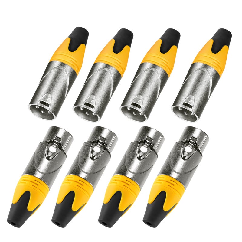 MFL. 3-Pin XLR Cable Connector Male and Female with Nickel Housing and Silver Contacts Mic Cable Plug Connector Audio Socket, Yellow, 4 Pairs - Image 1